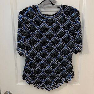 Laurence Kazar Black Beaded Top with Blue and Silver Accents